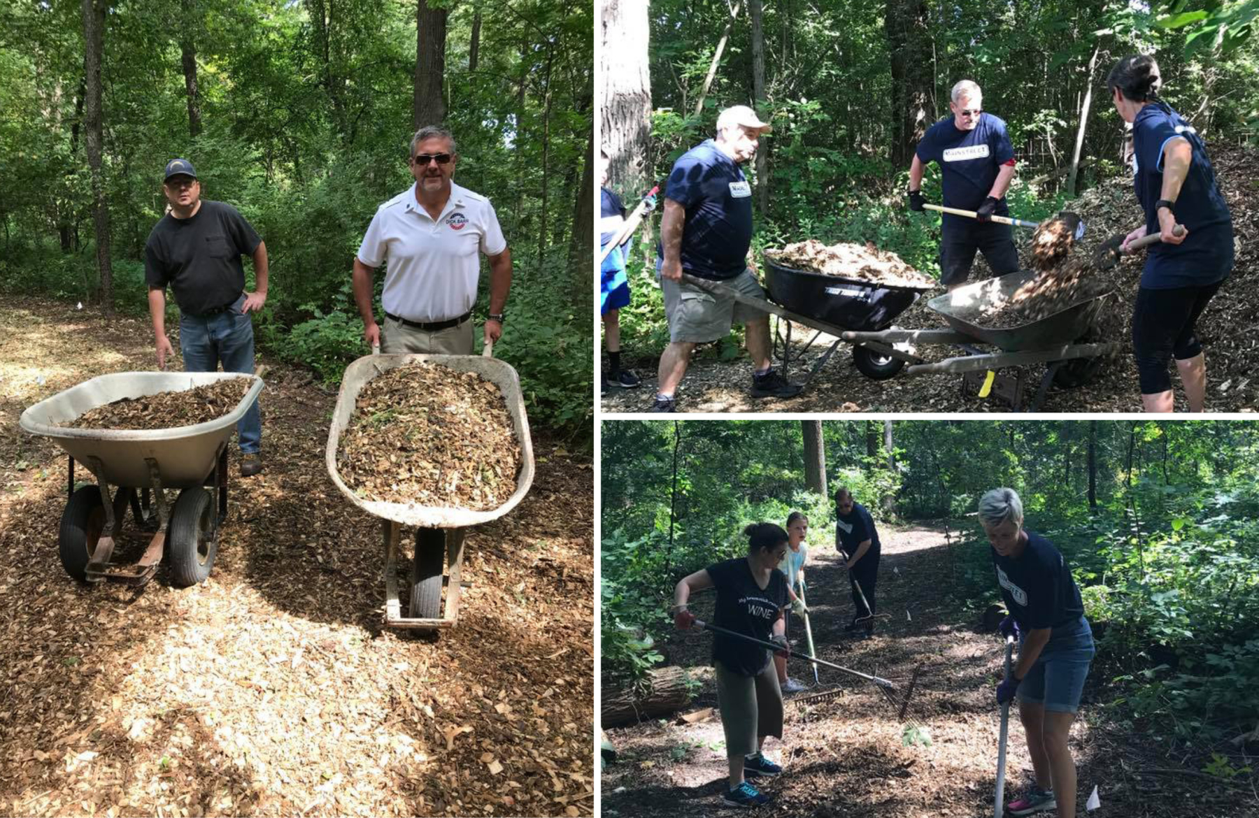 Volunteers clearing a historic walking path in the HeatherRidge Woods subdivision.