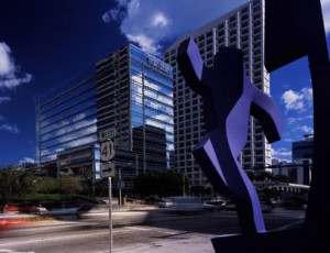 Clouds reflect in office building windows on Brickell Avenue in Miami