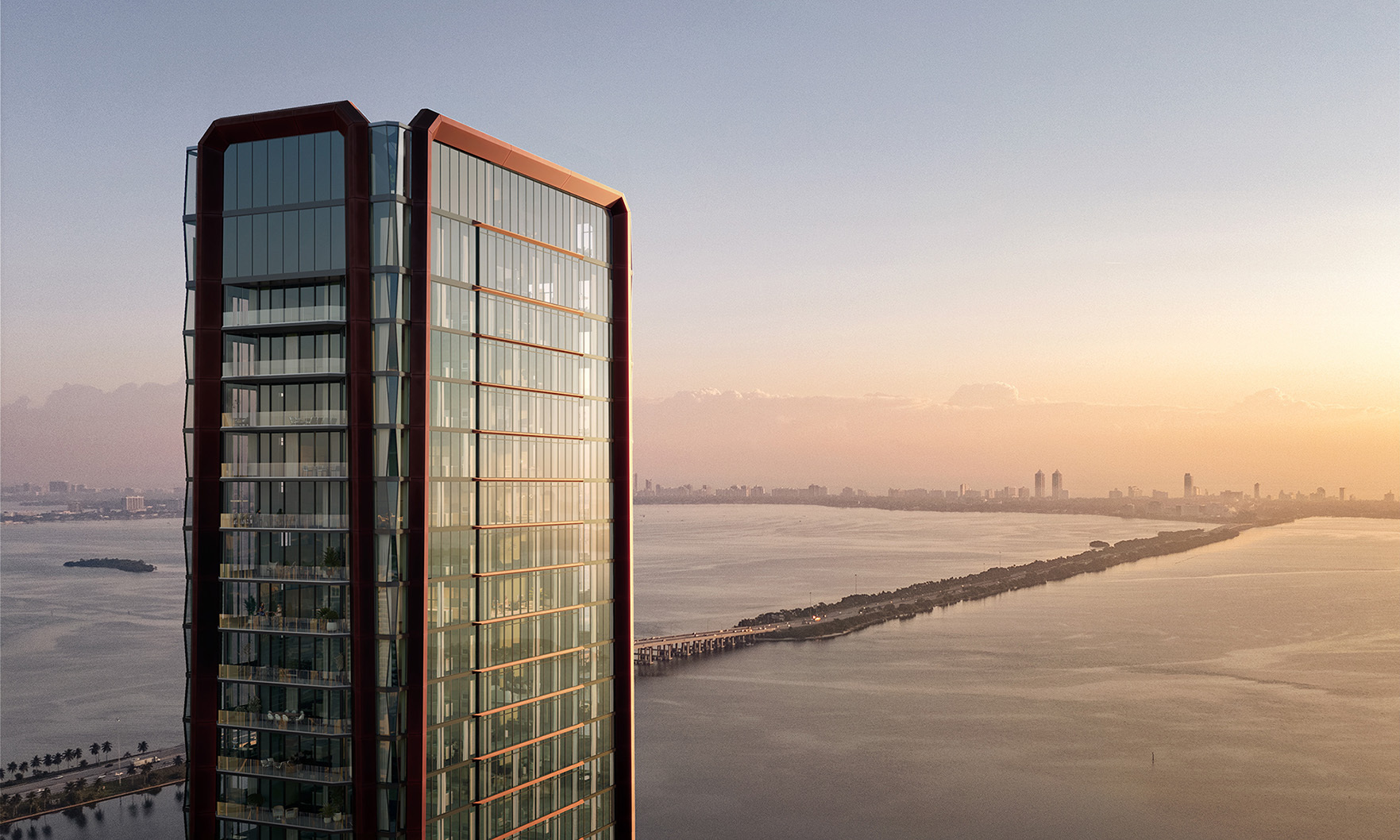 The condos will come in full- and half-floor layouts with 360-degree views of Biscayne Bay and the Miami skyline. Courtesy of Terra and One Thousand Group.