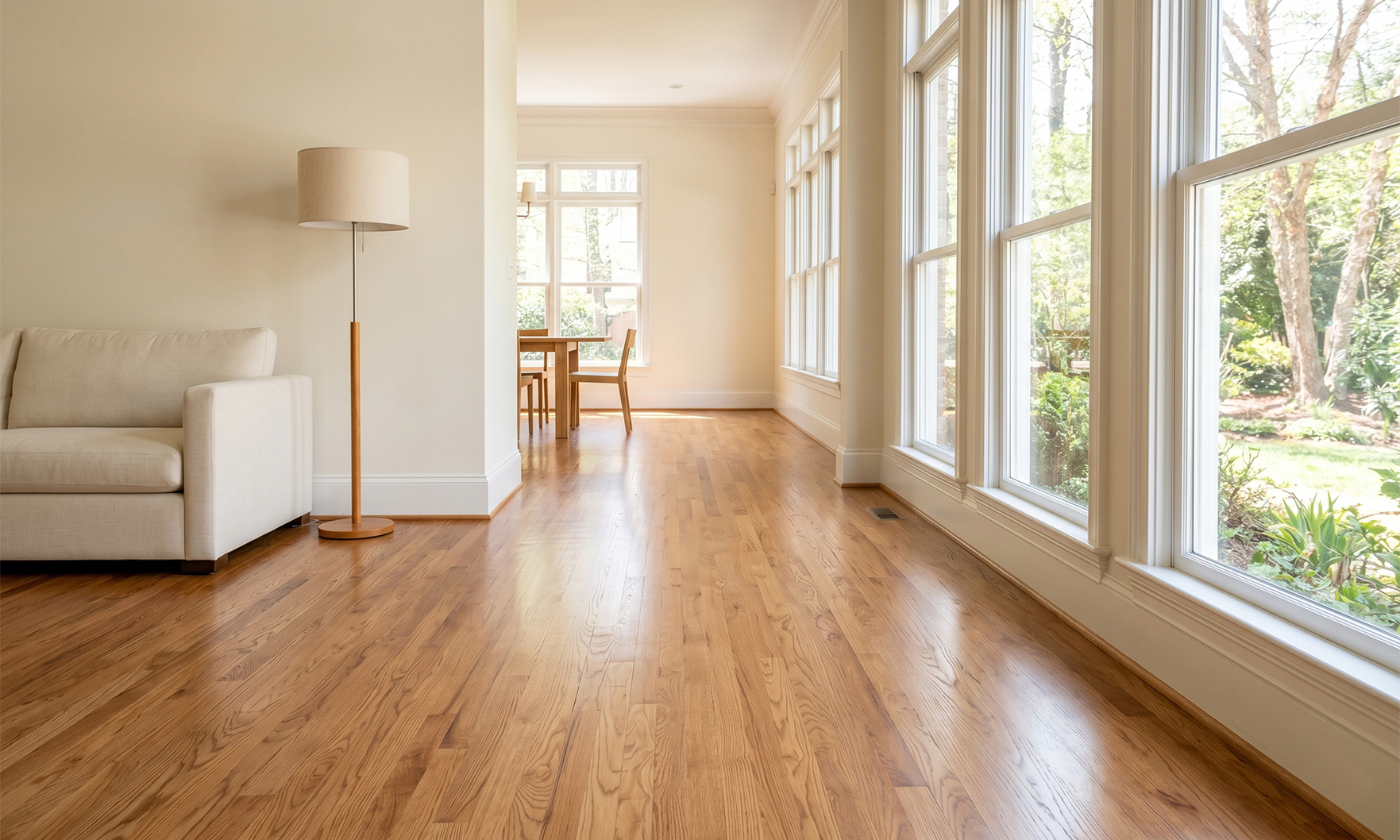 Freshly refinished red oak hardwood floor in an Atlanta home, ready for listing photos.