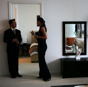 People talk inside Miami's Icon Brickell condo development