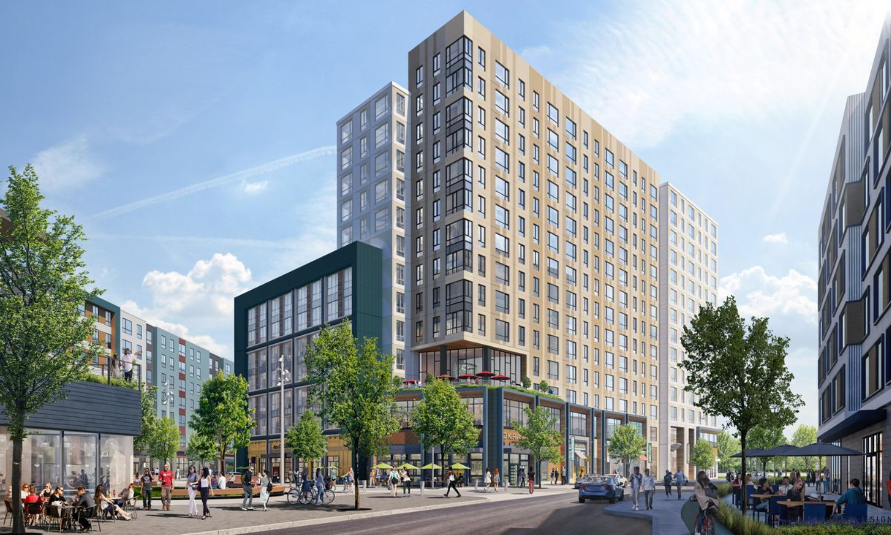 Artistic rendering of Portico development shows mid-rise apartment building with geometric design.