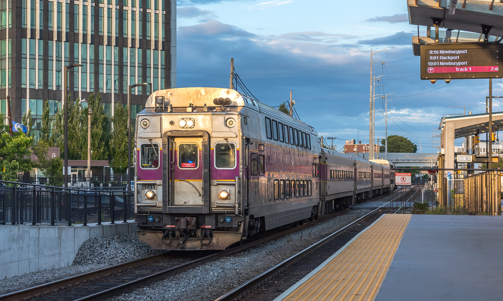 MBTA train pulls into a station
