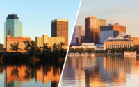 skylines showing cambridge and springfield, the most and least expensive cities for Massachusetts renters