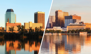 skylines showing cambridge and springfield, the most and least expensive cities for Massachusetts renters